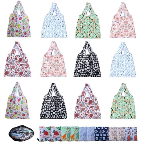 RUIPBOTE 12 Pack Reusable Grocery Bags, Foldable Shopping Bags with 6 Patterns, Reusable Tote Bags for Grocery, Travel, Gift - Image 1