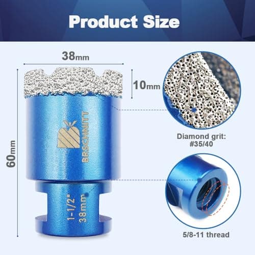 1-1/2 Inch Diamond Core Drill Bit for Porcelain Tile Ceramic Marble Granite Drilling,BRSCHNITT 1pc Vacuum Brazed Diamond Hole Saw with 5/8-11 Thread (38mm) - Thumbnail 2