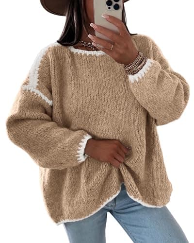 KIRUNDO Womens Sweaters 2026 Fall Oversized Long Sleeve Chunky Knit Crew Neck Contrast Stitching Pullover Winter Clothes(Khaki, X-Large) - Image 1