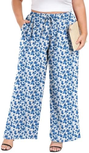 Lastshe Women's Elastic Waist Wide Leg Pant Pajama Pants Comfortable Fit Casual Plus Size Trousers Pants with Pockets,White Blue Rose,2X - Image 1