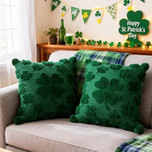 REBANDEN St Patricks Day Throw Pillow Covers Decorations 18x18 in 2-Piece Set,Green Pillow Covers Linen Spring Pillow Case Home Sofa St Patricks Day Decor. - Thumbnail 4
