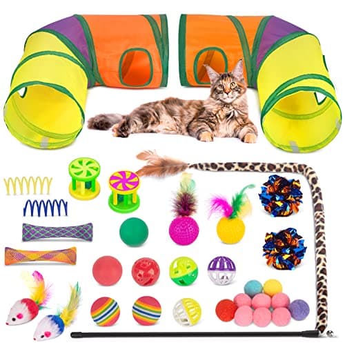 Retro Shaw 33Pcs Cat Toys, Large Cat Tunnels with Toys, Interactive Kitten Toys for Indoor Cats Kitty, Collapsible Cat Tube Tent Feather Wand Teaser Bell Fuzzy Ball Crinkly Springs Mouse - Image 1