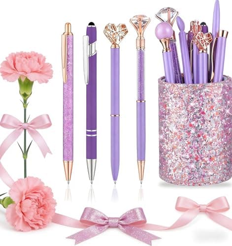 BESARTE 9 Pcs Purple Pens With Pen Holder for Desk, Fancy Pens Purple Gifts for Mom Desk Accessories for Weddings Parties Mothers Day Gifts for Mom Wife