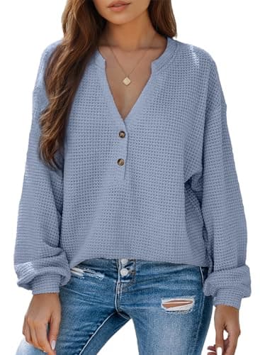 Dokotoo Spring Tops for Women 2026 Casual V Neck Long Lantern Sleeve Blue Waffle Knit Blouse Fashion Button Down Shirts Loose Fit Boyfriends Oversized Spring Clothes Medium - Image 1