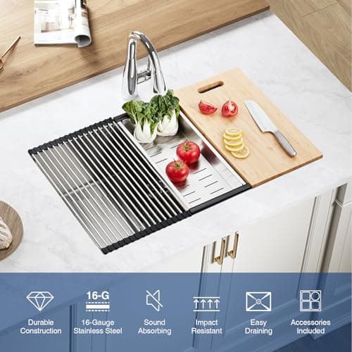 ANNWA 32 inch Kitchen Sink Undermount Stainless Steel Workstation 32x19x10 inch 16 Gauge Under Counter Kitchen Sinks Basin with Accessories Single Bowl Kitchen Sink - Thumbnail 3