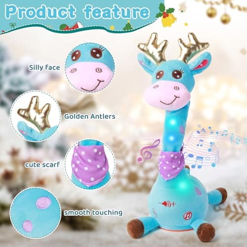 LLUKEME Dancing Talking Giraffe with Golden Antlers Toy, Stuffed Animal Baby Toy Repeating What You Say, Musical Toy with Golden Anlters Easter Gifts for Toddlers 1-3 Years Old (Blue Giraffe Antlers) - Thumbnail 2