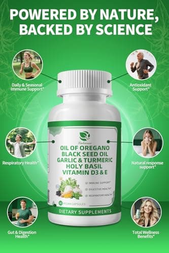 Organic Oil of Oregano Capsules with Black Seed Oil, Garlic, Turmeric, Holy Basil, Vitamin D3, E & Black Pepper for Better Absorption – Immune, Digestive & Respiratory – Vegan, Non-GMO, 2 Month Supply - Thumbnail 4