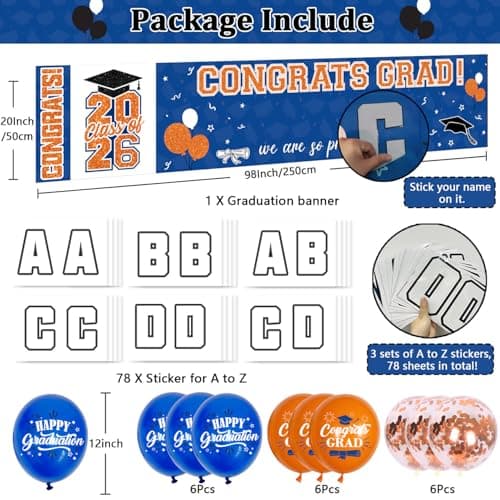 NUTTYBASH Graduation Party Decorations, Personalized Class of 2025 Graduation Banner with 78 Alphabet Stickers and Balloons, Congrats Banner for College High School Party Supplies(Blue Orange) - Thumbnail 5