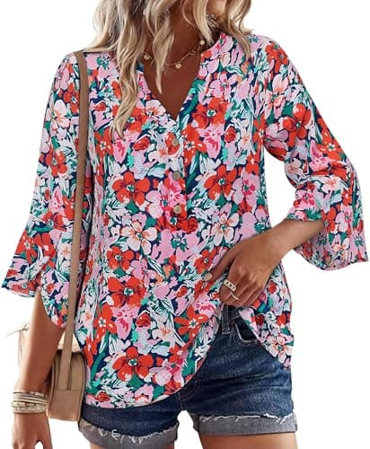LOOKBOHO Boho Tops for Women 3/4 Sleeve Casual Floral Blouses Ruffle Sleeve Button V-Neck Business Shirts Pink XXL - Image 1