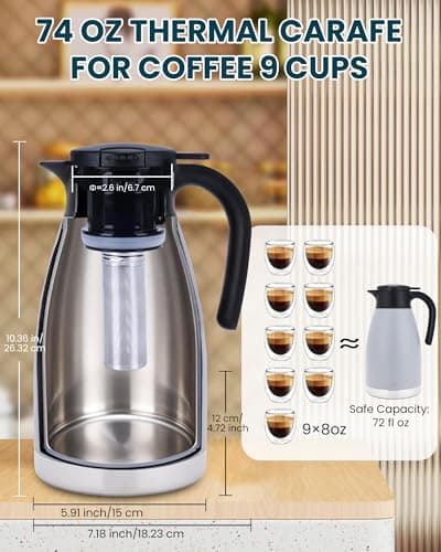 GiNT 74oz Large Thermal Coffee Carafe with Infuser–Insulated Tea Carafe, Removable Filter, Dishwasher-Safe|2.2L 10+ Cups,Wide Mouth,Dual Seal|Stainless Steel Beverage Server for Office&Events - Thumbnail 5