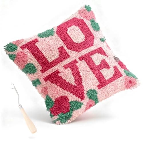 Miaceito Pre-Printed Love Latch Hook Kits for Adults Beginners, DIY Latch Hook Pillow Kits Includes Wooden Hook to Make 17x17 Inch Home furnishings Sofa Decoration Women’s Day Gift - Image 1