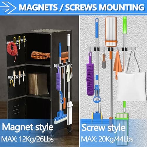 3-H Magnetic Broom Holder Wall Mount 1 Pack, 2-in-1 Dual Mount (No Drill or Screw Fix), 304 Stainless Steel Heavy Duty Magnet Mop Broom Organizer for Kitchen Garden Garage(3 Racks & 4 Hooks,Silver) - Thumbnail 5