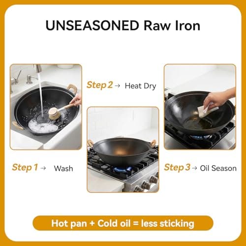 WANGYUANJI 14.2" Cast Iron Wok with Lid, Dual Handles - Flat Bottom Chinese Stir Fry Pan for Induction & Gas Stoves - Traditional Handcrafted Turtle Shell Texture, Uncoated & Non-Toxic - Thumbnail 5