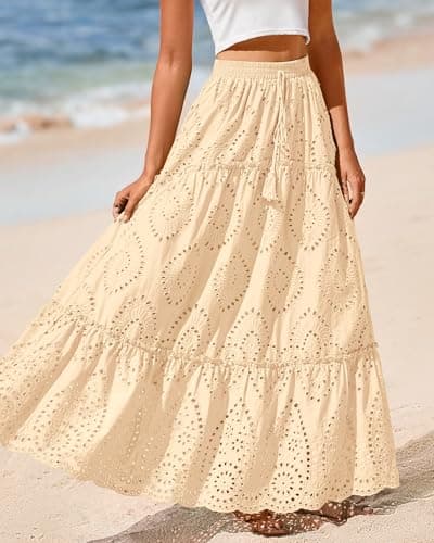 BTFBM Boho Long Skirts for Women Spring Summer 2026 Lace Embroidery High Waist Flowy Tiered Maxi Skirt Beach Vacation(Beige, Medium) - Thumbnail 6