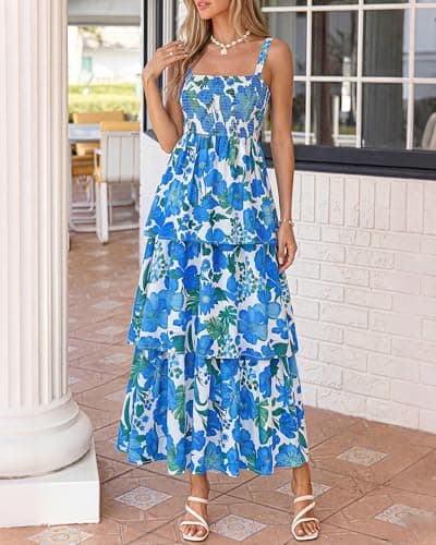 BTFBM Spring Dresses for Women 2026 Floral Spaghetti Strap Wedding Guest Dress Maxi Beach Vacation Clothes(Floral White Blue,Medium) - Thumbnail 6