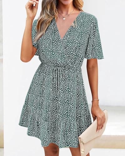 KIRUNDO Womens Summer Dresses 2026 Casual Spring Short Sleeve V Neck Ruffle Floral Print High Waist Belted Flowy Mini Dress(Dark Green, Large) - Thumbnail 4