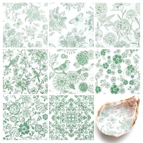 32 Pcs 8 Styles Decoupage Napkins, Sage Green Floral Paper Napkins Chinoiserie Decorative Cocktail Napkin Pretty Printed Cocktail Paper for DIY Crafting Furniture Decor Birthday Party Baby Shower - Image 1