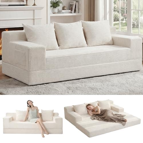 Erament Convertible Futon Sofa Bed Couch, 78'' Corduroy Folding Sofas Bed, Compression Boneless Floor Couch Sofa Beds with 3 Pillows for Living Room Bedroom Apartment - Image 1