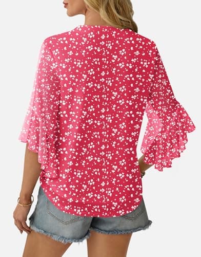 GKBK Womens 3/4 Sleeve Tops Dressy Casual Business Work Blouses Office Shirts Lightweight Slimming Formal 2025 Spring Summer Floral Loose Fit Raspberry Pink S - Thumbnail 3