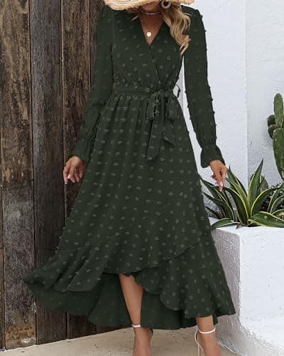 BTFBM Long Sleeve Maxi Dresses for Women Swiss Dot Boho Flowy Slit Cocktail Wedding Guest Dress Spring Clothes 2026(Army Green, XX-Large) - Thumbnail 4