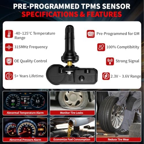 4-Pack GM TPMS Sensor, FIRSTOOL Pre-Programmed Tire Sensors, 315Mhz Tire Pressure Monitoring Sensor, TPMS Sensors Set of 4 Compatible for Chevy Silverado Buick Cadillac GMC Hummber Pontiac Saturn Saab - Thumbnail 3