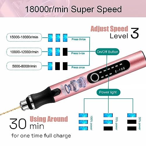 3-Speed Cordless Mini Drill Pen With 8 Small Drill Bits,Rechargeable Electric Hand Drill Pin Vise,Resin Drill Set For Jewelry Making,Resin,Plastic,Wood,Keychains DIY (PINK) - Thumbnail 3
