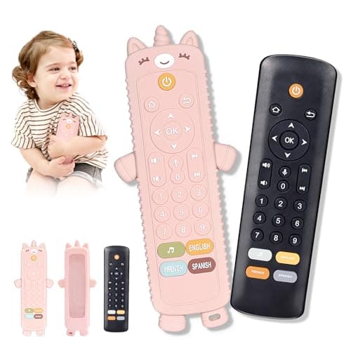 KIRALUMI Baby Remote Control Toy with Silicone Teether Cover - Baby Musical Toys, Early Number Learning in 3 Languages (English, Spanish & French), Preschool Infant Girl Toys 6, 9, 12, 18 Month.