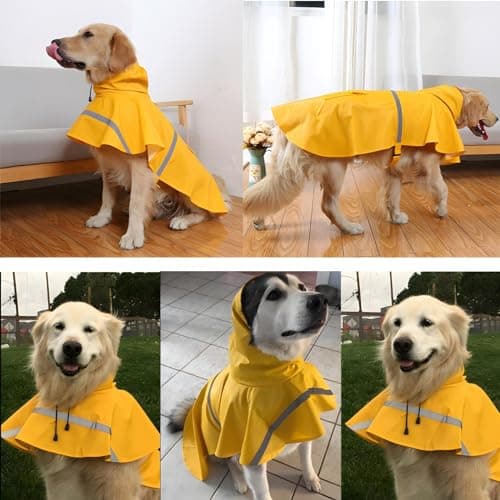 NACOCO Large Dog Raincoat Adjustable Pet Water Proof Clothes Lightweight Rain Jacket Poncho Hoodies with Strip Reflective (XXL, Yellow) - Thumbnail 2