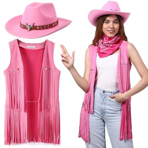PARTTELY Western Outfits for Women Cowgirl Tassel Sleeveless Vest Cowboy Hat and Paisley Bandana （pink） - Image 1