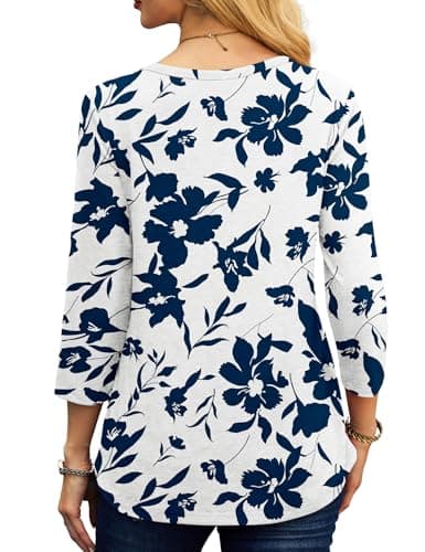 NORACORA Women's 3/4 Length Sleeve Crew Neck T-Shirt - Printed Casual Basic Tops White Blue - Thumbnail 4