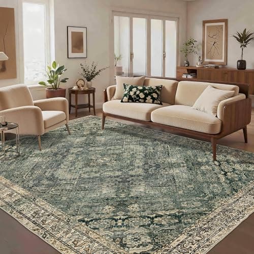 Luxcrest Green and Beige 6x9 Rug: Washable Area Rugs for Living Room Bedroom Dining Room Indoor - Vintage Large Soft Thin Non-Slip Carpet - Image 1