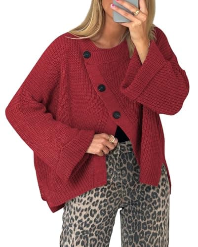 Balimtoy Chunky Cardigan Sweaters for Women Oversized Trendy Fall Long Sleeve Crewneck Button Down Wrap Sweater Jacket Red L - Image 1