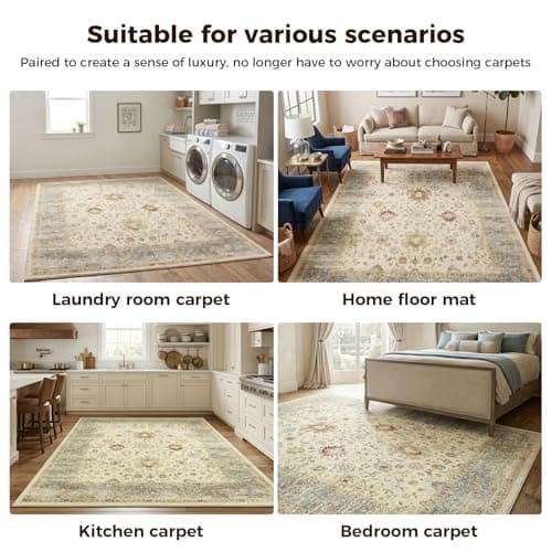 6x9 Feet Washable Vintage Bohemian Floral Area Rug - Non-Slip Foldable Floor Mat for Living Room, Bedroom, Dining Room, Kids Room, Office, Farmhouse Decor Carpet Christmas Rugs (Beige and Blue) - Thumbnail 4