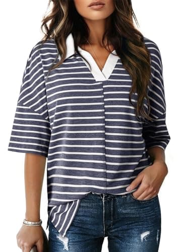 Dokotoo Tops for Women Trendy 2026 Casual Summer V Neck Oversized T Shirts Short Sleeve Tops Striped Dressy Shirts Ladies Tops and Blouses Womens Polo Shirts Cute Gray Stripes Shirts L - Image 1
