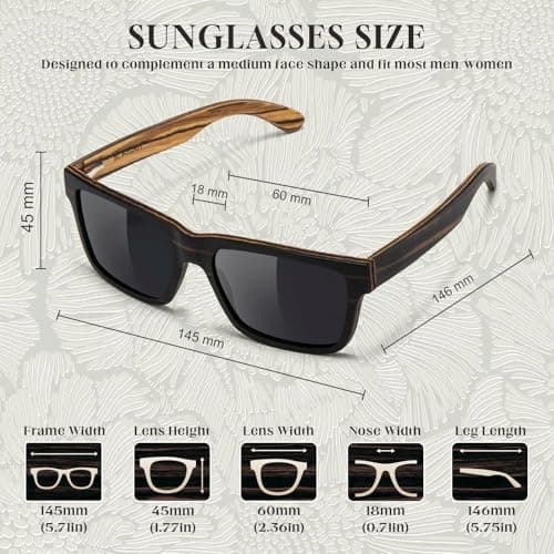 SUNGAIT Ebony Zebra Wood Sunglasses for Men Rectangular All-wood Frame Polarized Lens with Hard Gift Case(Ebony Zebra Frame/Grey Lens) - Thumbnail 5