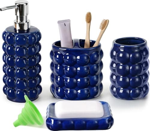 4 Piece Ceramic Bathroom Accessories Set –Soap Dispenser,Toothbrush Holder,Tumbler & Soap Dish,Includes Silicone Funnel,Non-Slip,Modern Farmhouse Countertop Organizer Set for Bathroom Decor, Navy Blue - Image 1