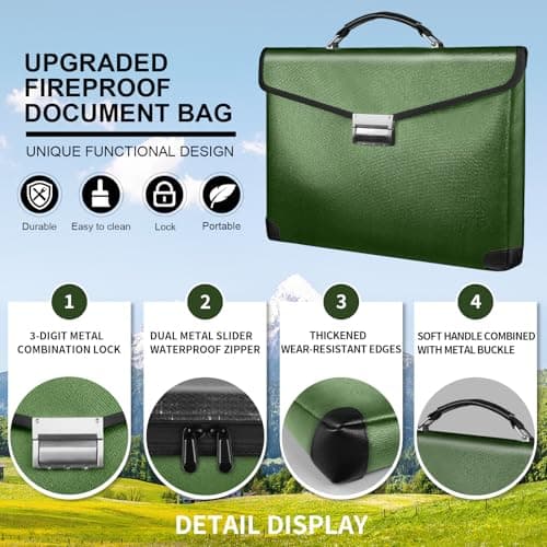 RERAMDO Fireproof Document Bag 14.5"X11"X2.5" Fireproof Money Bag for Cash With Lock and Zipper,Fire&Waterproof Storage Organizer Pouch for Valuables,Legal Document,Laptop,Passport,(Green) - Thumbnail 4