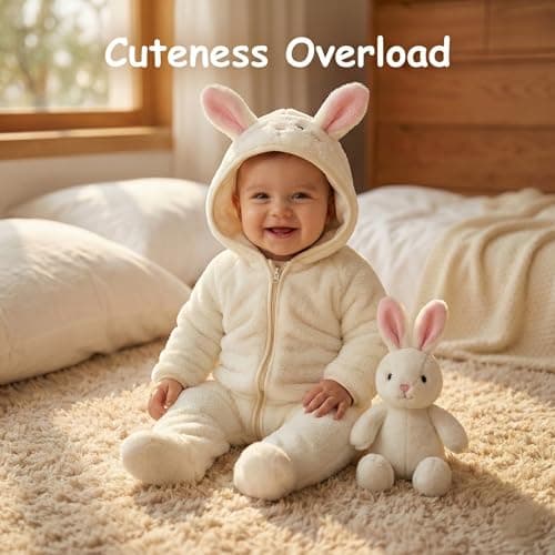 JiAmy Baby Fleece Snowsuit Animal Hooded Winter Romper Warm Footed Onesie Padded Infant Stroller JumpsuitBunny 6-9 Months - Thumbnail 5