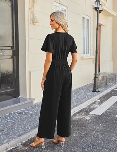 LOOKBOHO Dressy Jumpsuits for Women Ruffle Short Sleeve Button V Neck 2026 Wide Leg Pants Romper One Piece Outfits - Thumbnail 3