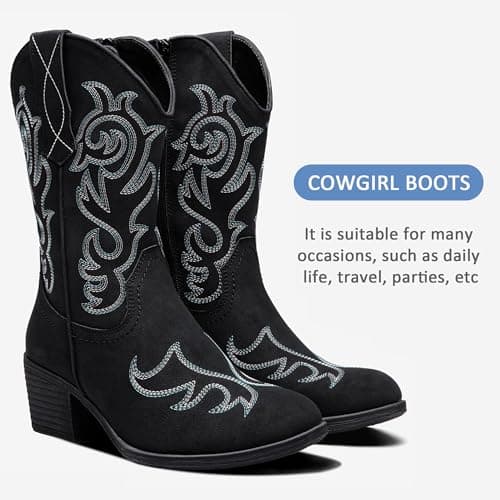 Vepose Women’s Black Cowboy Mid Calf Boots, Cowgirl Western Embroidered Chunky Low Heel 9800 Boots with Zipper, Size 9.5M US, (CJY9800 Black 09.5) - Thumbnail 6