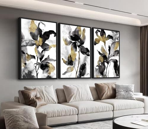 Large Framed Abstract Wall Art - Watercolor Floral Wall Decor 16"x24" Set of 3 Black Brown Plant Botanical Wall Art Prints Retro Flowers Canvas Pictures for Living Room Bedroom Office Artwork - Image 1