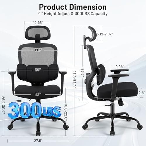 Hayelf Ergonomic Office Desk Chair, High Back Breathable Mesh Computer Chair, 3D Lumbar Support, 2D Headrest & 3D Armrests, 300lbs Heavy Duty Task Chair for Home Office Work Gaming, Black - Thumbnail 2