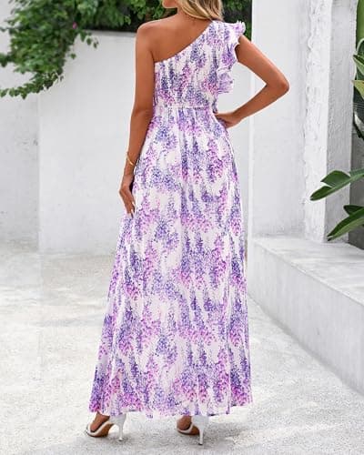 BTFBM Women Summer One Shoulder Floral Wedding Guest Dresses Sleeveless Smocked Ruffle Flowy Beach Vacation Maxi Dress(Floral Purple, X-Large) - Thumbnail 3