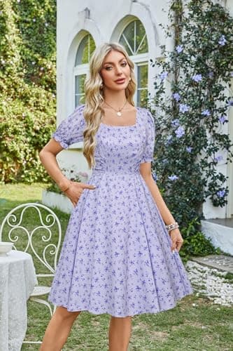 Belle Poque Purple Floral Vintage Elegant Milkmaid Wedding Guest Dress 2026 Summer Square Neck Puff Sleeve Sun Dress XXL - Thumbnail 2