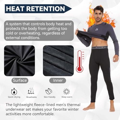 AMZSPORT Mens Thermal Base Layer Set Warm Fleece Lined Winter Underwear Breathable Long Johns Compression Long Sleeve Top & Bottom Grey S - Thumbnail 4