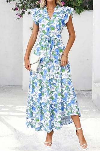 dowerme Women Summer Maxi Dresses 2026 Ruffle Sleeve V Neck Floral Boho Long Dress Belted Tiered Sundress with Pockets(Floral White Multicolored,Small) - Thumbnail 2