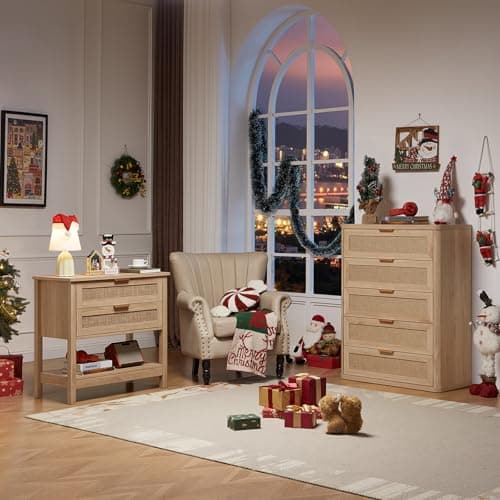 LEYAOYAO 31.5" Wide Rattan Night Stand, Oversized Large Boho Nightstand with 2 Drawer, Natural Wood Bed Side End Tables with Storage Shelf, Tall Bedside Table for Bedroom Living Room, Hallway - Thumbnail 6