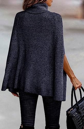 KIRUNDO Women's 2026 Fall Winter Turtleneck Poncho Sweater Fashion Chunky Knit Cape Wrap Sweaters Pullover Jumper Tops(Navy, Medium) - Thumbnail 5