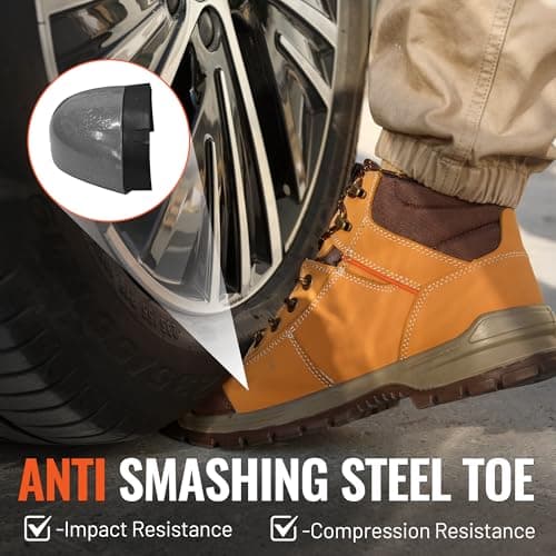 DURAWERK Steel Toe Shoes for Men, Light Comfortable High Top Work Boots, Non-Slip Safety Shoes for Men with Wide Toe Box, Indestructible Leather Construction Boots (Wheat, 10) - Thumbnail 2