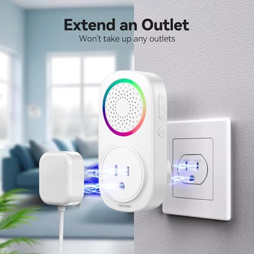 TECKNET Self-Powered Wireless Doorbell Kit - Plug-Through Door Bell with RGB Light, 60 Chimes & 5 Volume Levels, IP66 Waterproof Classroom Doorbell, 1000ft Range Doorbells for Home/Office - Thumbnail 2